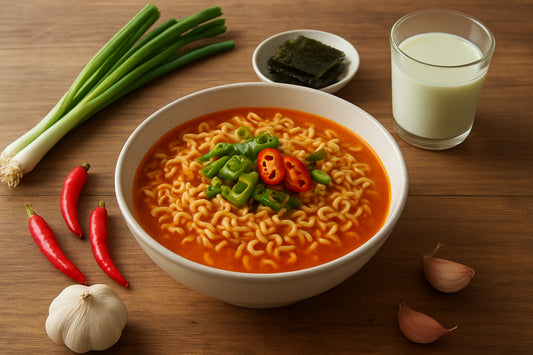 Schale koreanischer Instant-Nudeln mit frischen Zutaten und koreanischen Snacks auf Holztisch in natürlichem Licht