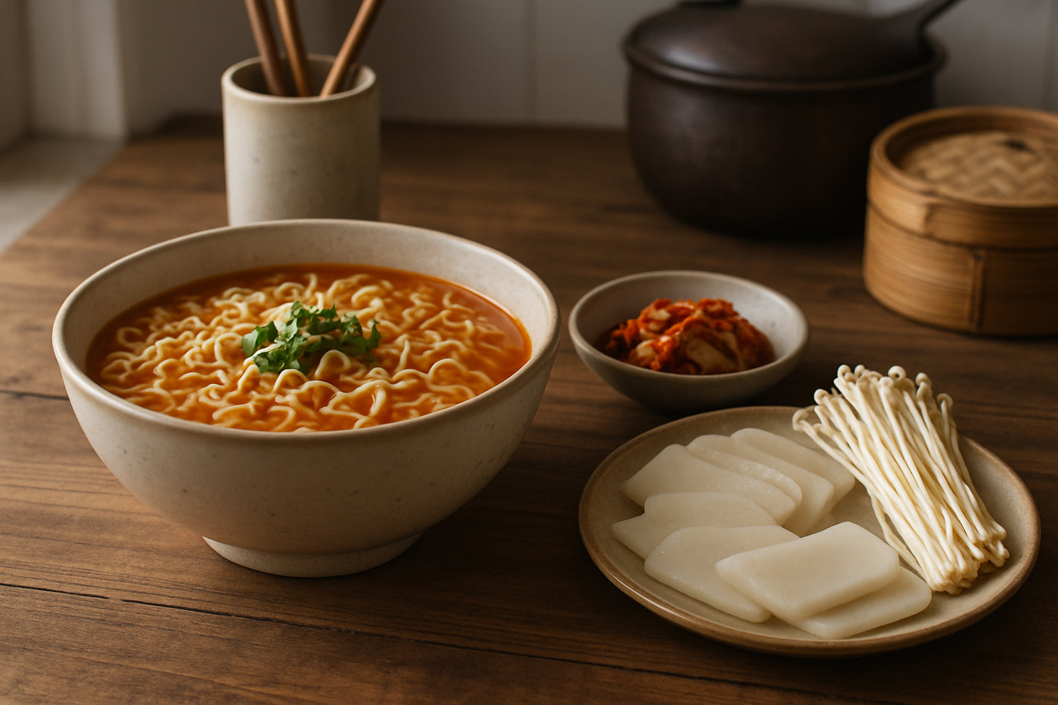 Schüssel koreanischer Instantnudeln mit Enoki Pilzen, Reiskuchen und Kimchi in natürlicher Küchenszene