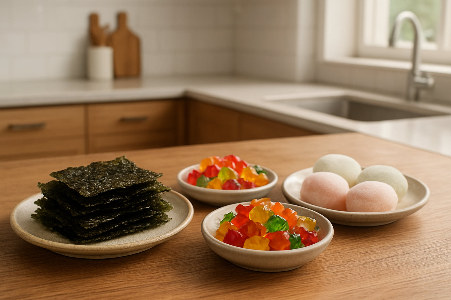 Koreanische Snacks auf Holztisch in moderner Küche, natürliche Tageslichtstimmung