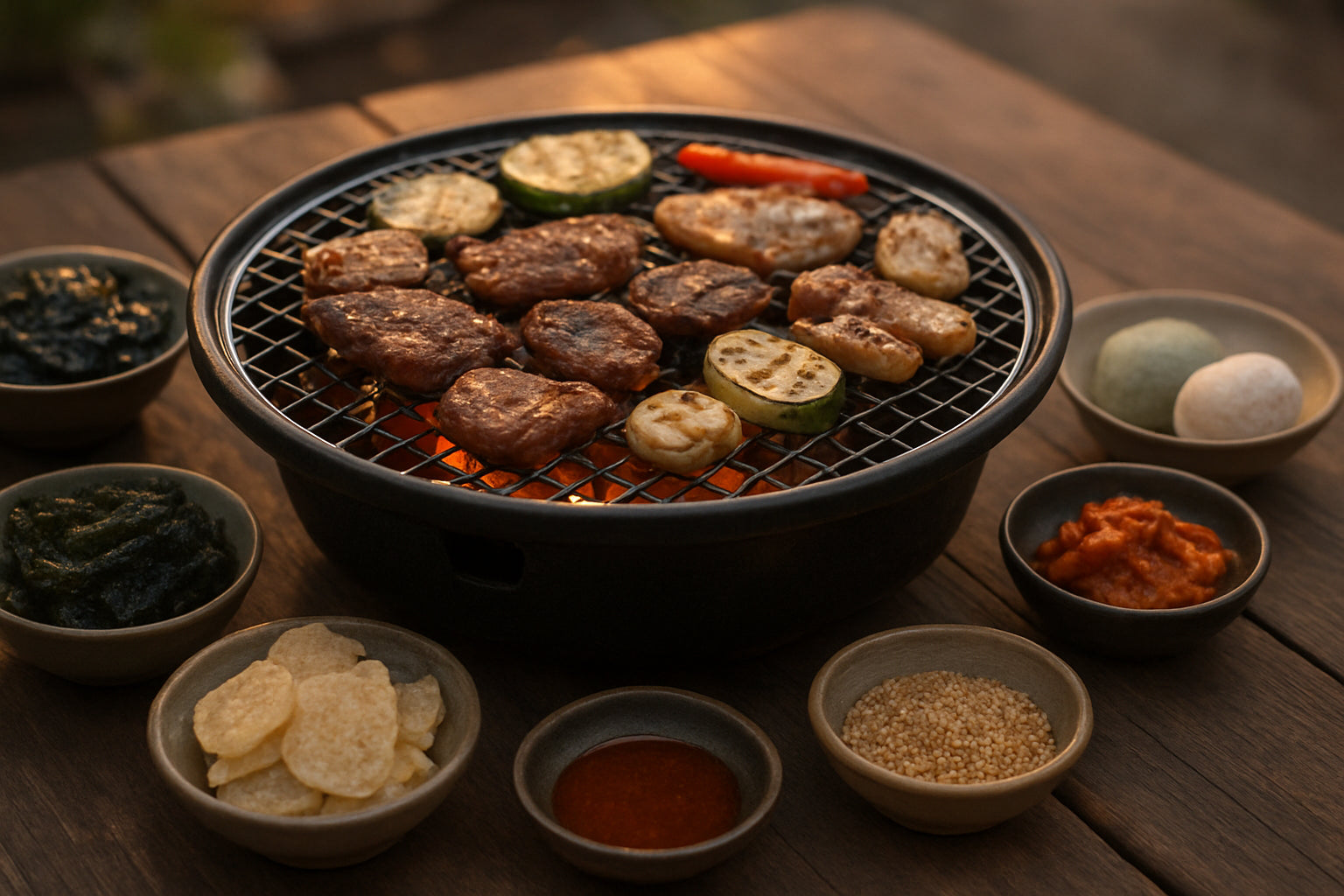 Koreanischer Grillabend mit gegrilltem Essen und traditionellen koreanischen Snacks in kleinen Schalen auf einem Holztisch im Freien.
