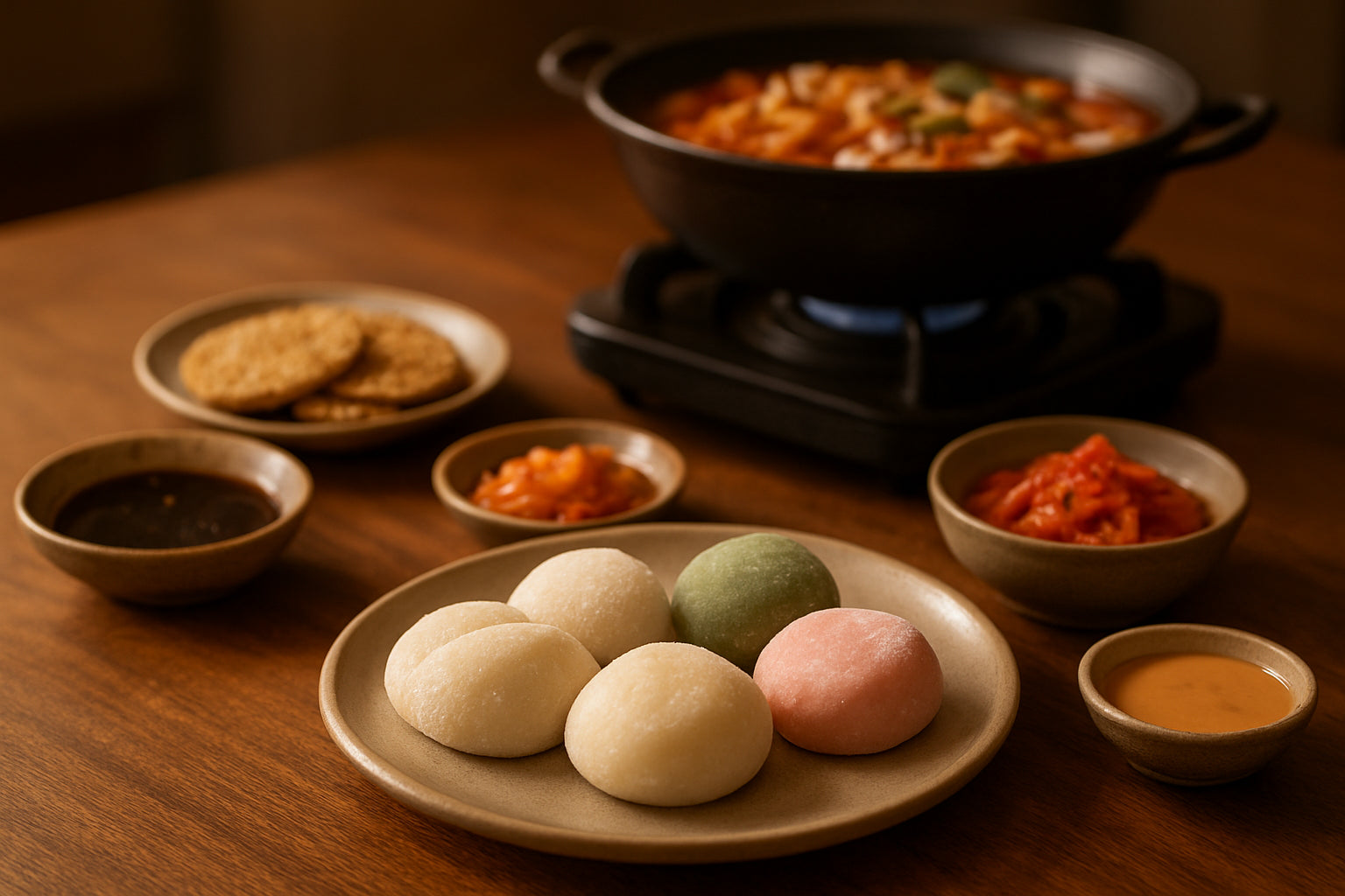 Ein gedeckter Tisch mit koreanischen Snacks und Hot Pot in einer gemütlichen Küche, natuerlich und einladend inszeniert.