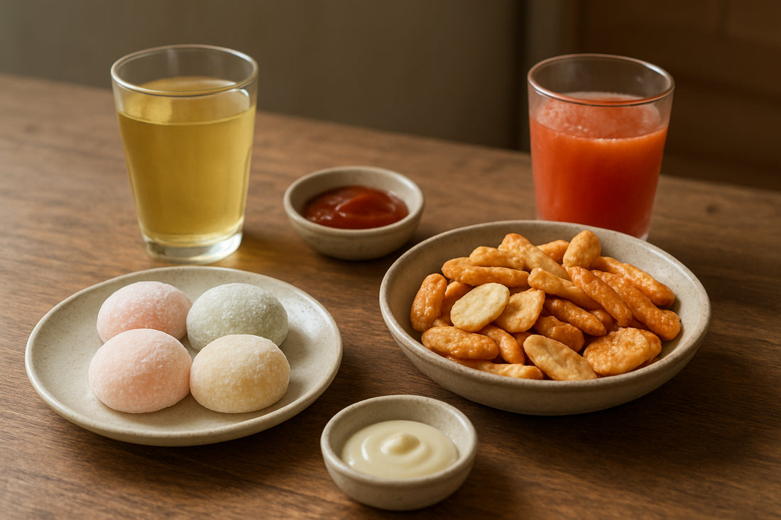 Koreanische Snacks auf einem Holztisch mit Getränken in einer gemütlichen Küchenszene