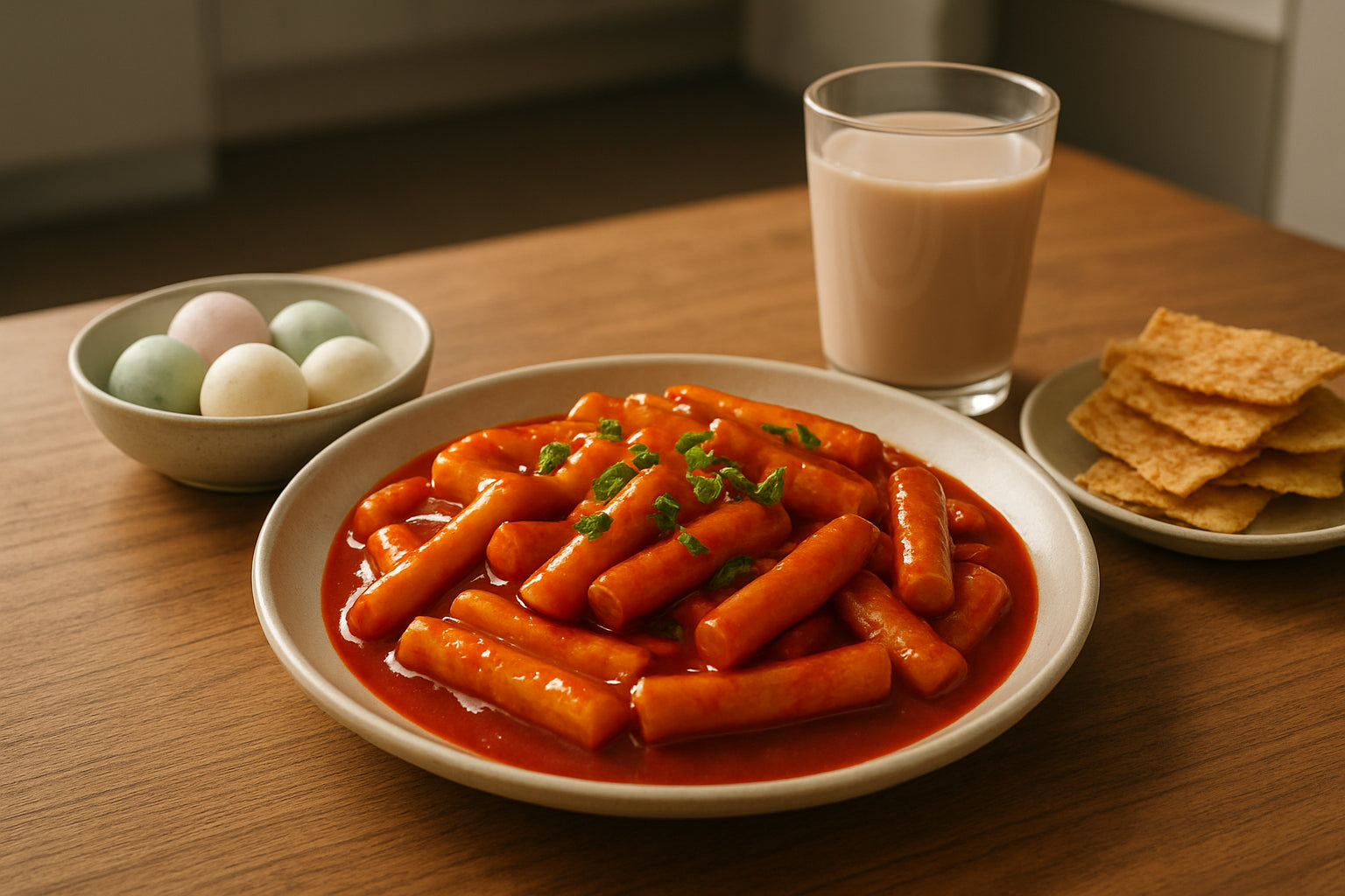 Koreanische Street Food Klassiker auf einem Tisch: Tteokbokki, Mini Mochis, Milchtee und asiatische Cracker in einer einladenden Küchensz...