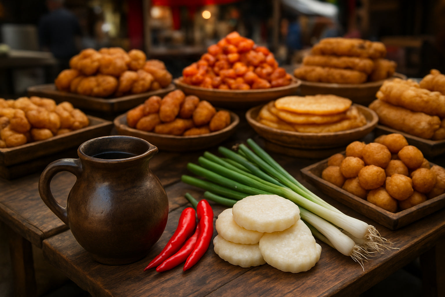 Koreanische Streetfood-Snacks auf einem Marktstand mit traditionellen Zutaten und einer Sojasaucenkanne