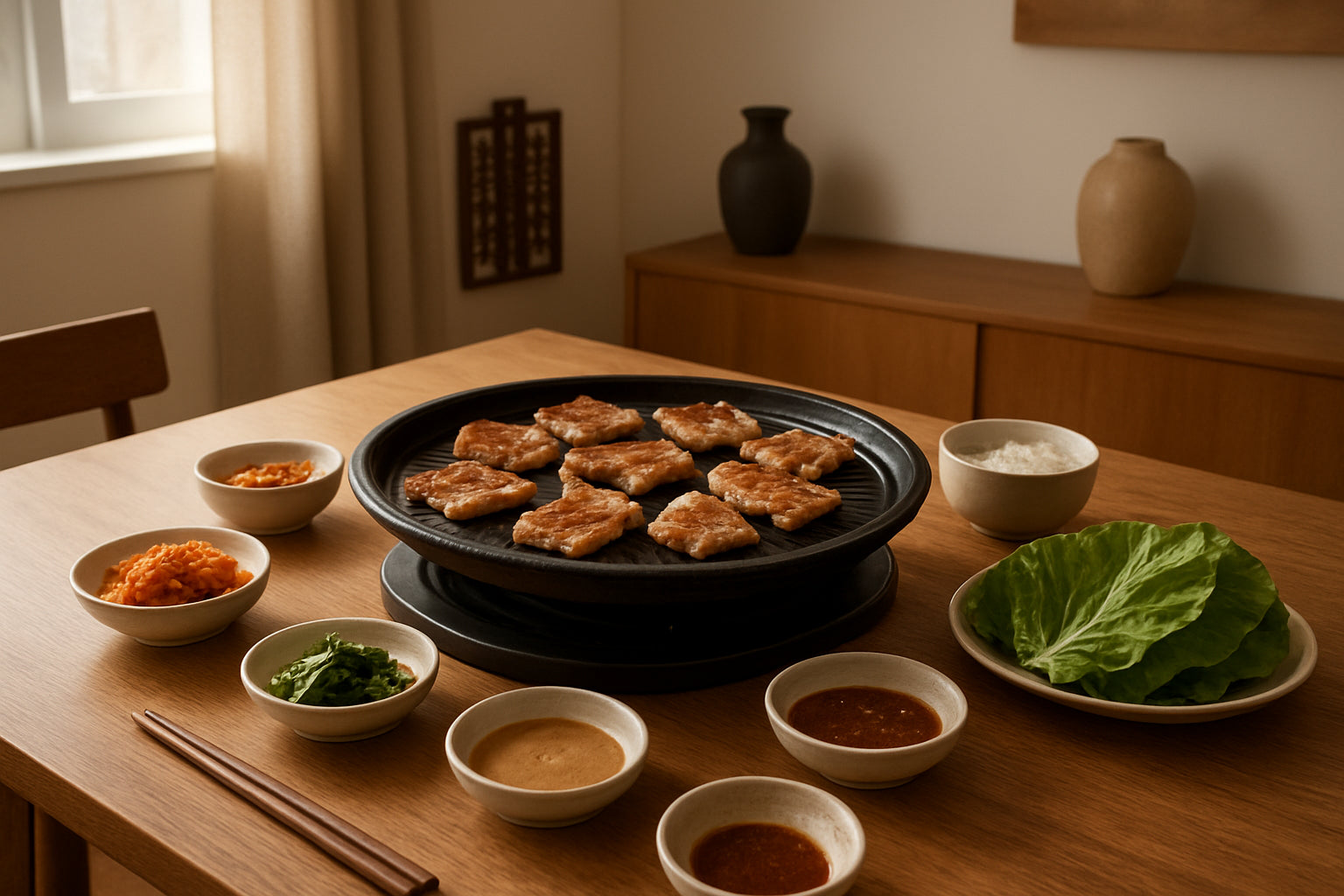 Moderner koreanischer Grilltisch mit traditioneller Grillpfanne, Beilagen und einladender Atmosphäre