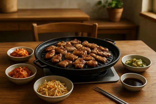 Koreanisches BBQ zuhause mit gegrilltem Fleisch, Beilagen und Soßen in einer einladenden Küchenszene