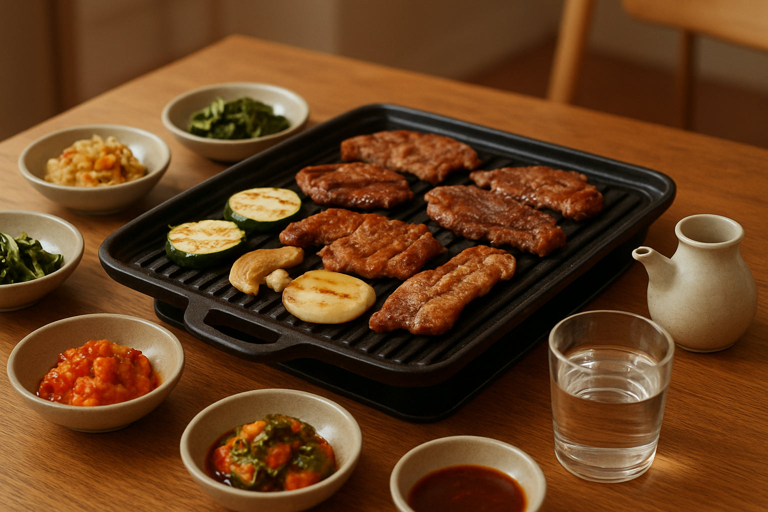Koreanischer Tischgrill mit Fleisch, Gemüse und koreanischen Beilagen in einer gemütlichen Küchenszene