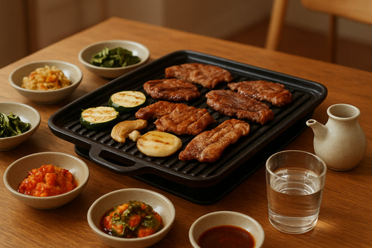 Koreanischer Tischgrill mit Fleisch, Gemüse und koreanischen Beilagen in einer gemütlichen Küchenszene