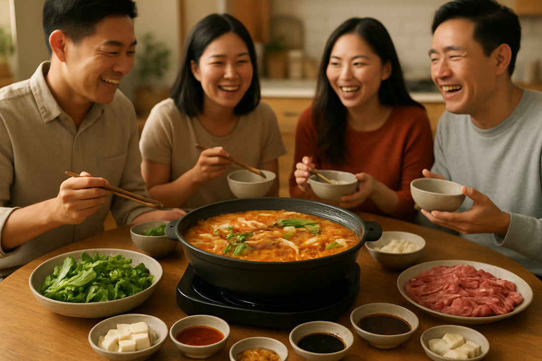 Geselliges koreanisches Hot Pot Essen zuhause mit frischen Zutaten und Dips auf einem gedeckten Tisch