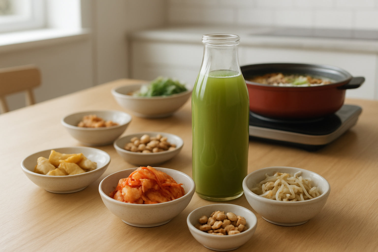 Glasflasche mit ungesüßtem Matcha-Tee auf einem Küchentisch mit koreanischen Grillbeilagen und asiatischen Snacks in natürlicher Umgebung