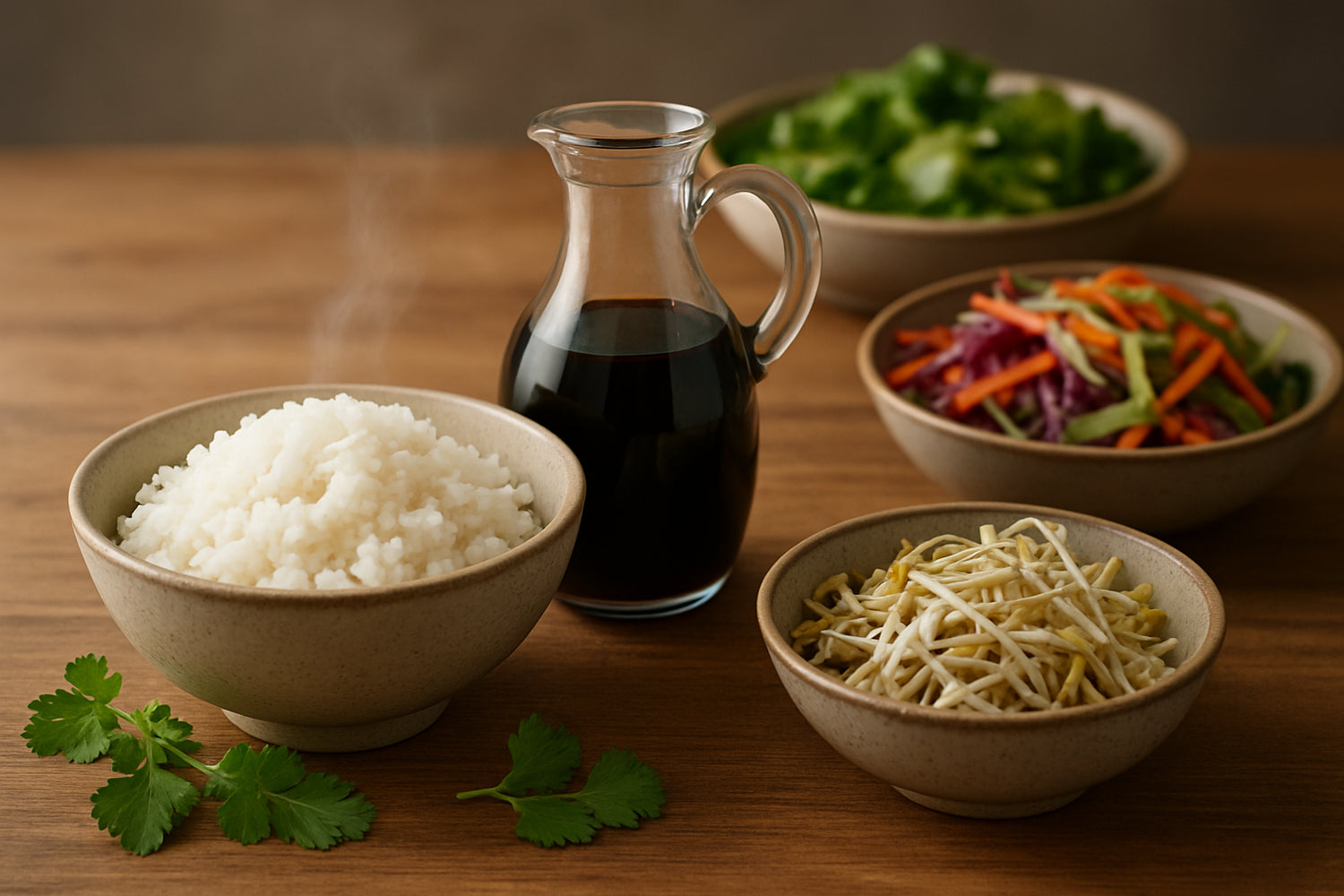 Moderne koreanische Grillzutaten mit Reis, fermentierter Sojasauce und frischen Beilagen auf Holztisch