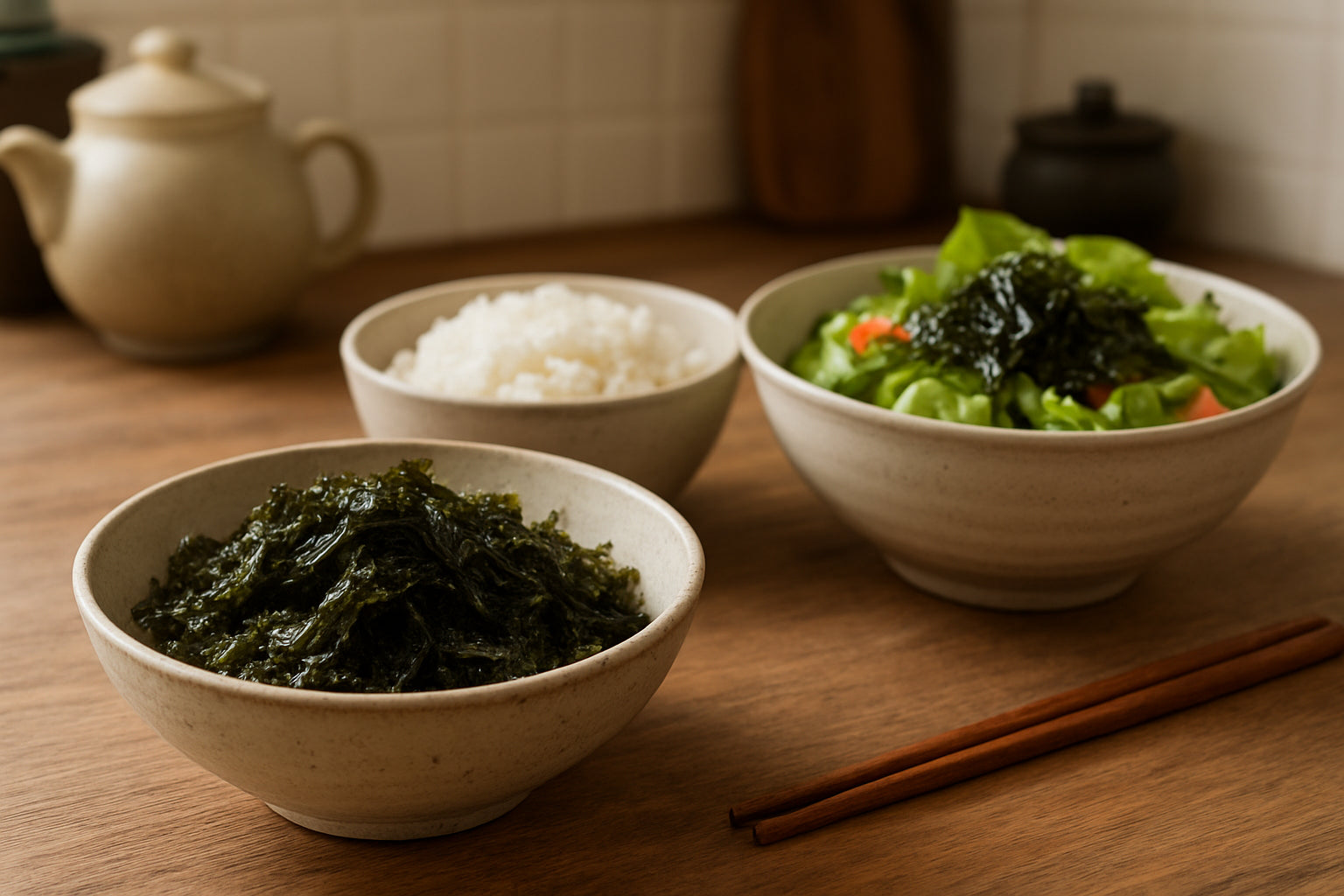 Koreanischer gerösteter Seetang als Snack und Würzzutat in einer modernen Küche mit Reis und Salat