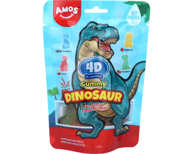 AMOS 4D Gummibärchen-Dinosaurier – Fruchtgeschmack 65g