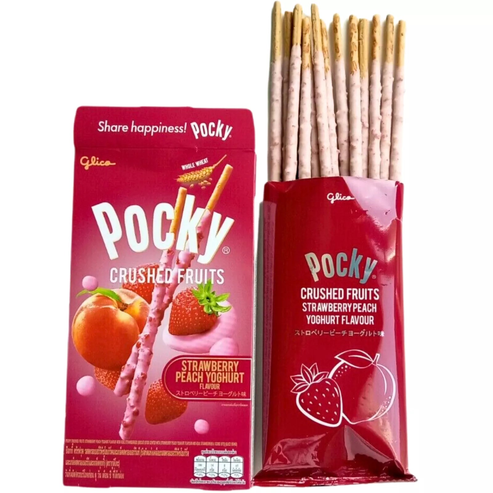 GLICO Pocky-Keksstäbchen, zerkleinerte Früchte, Erdbeer-Pfirsich-Joghurt 55g