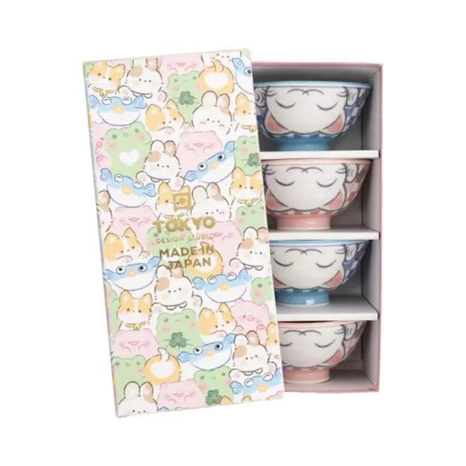 TOKYO DESIGN STUDIO Kawaii Schüsseln, Lucky Katze Blau/Rosa (4 Stück SET)